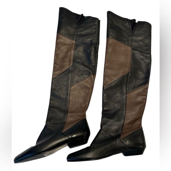Shoes - Genuine Leather Over The Knee Women’s Black And Brown Boots Size 8 Handmade
